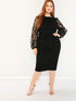 Plus Pencil Dress With Applique Mesh Sleeve